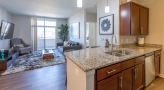 kitchen with serving counter open to the living room