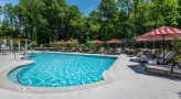 a pool with umbrellas and chairs around it