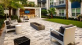 Large patio and fire pit with seating