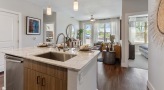 Spacious and well lit kitchen with stainless steel appliances and dark accents 