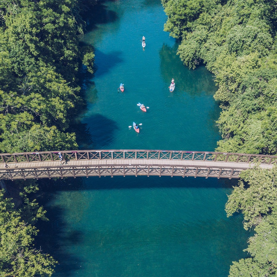 Austin Aerial view of kayakers on the Colorado River in Austin