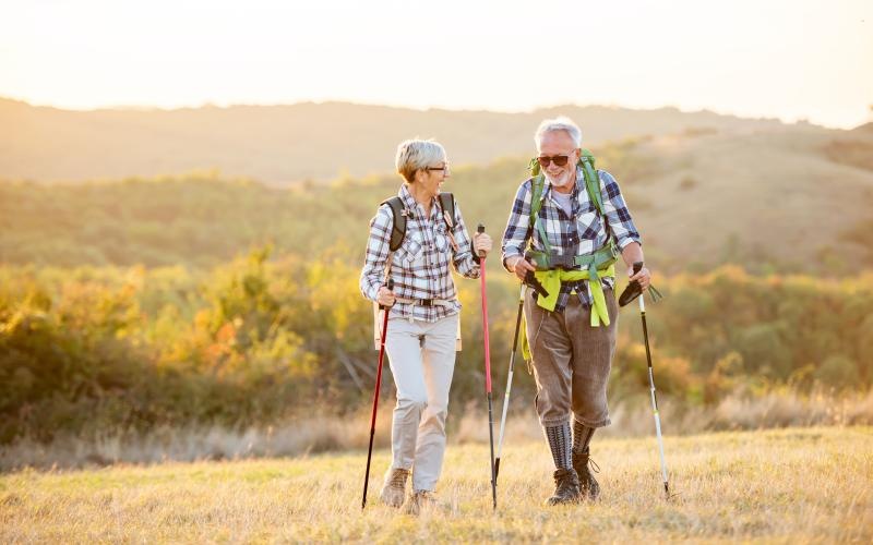 a couple walking in a field