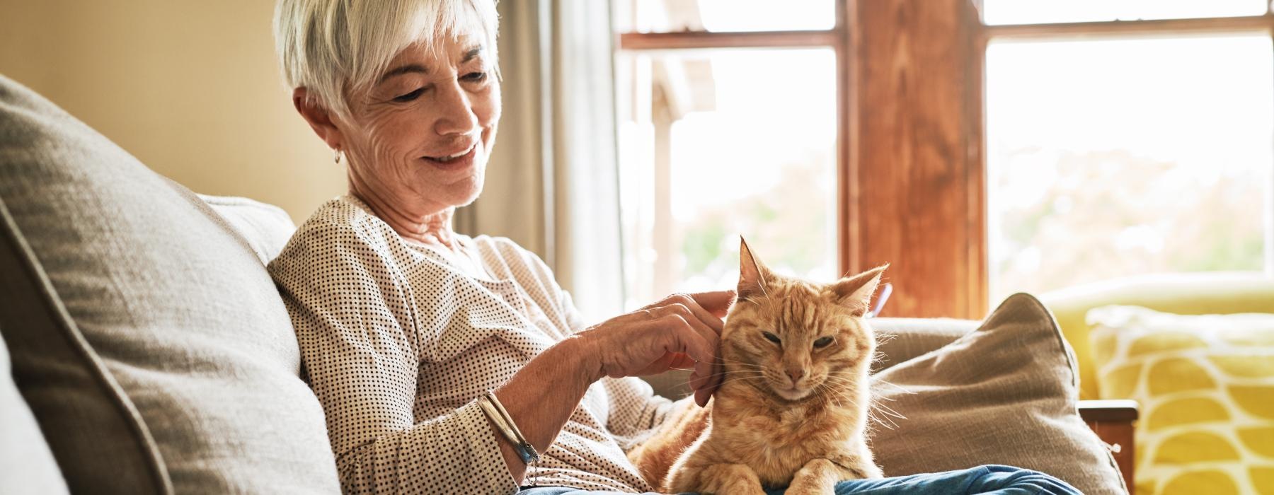 Resident sitting with a cat on a couch at Overture Cary senior living apartments in Cary, NC, featuring natural lighting.