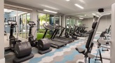 Large fitness center with large windows and plenty of equipment